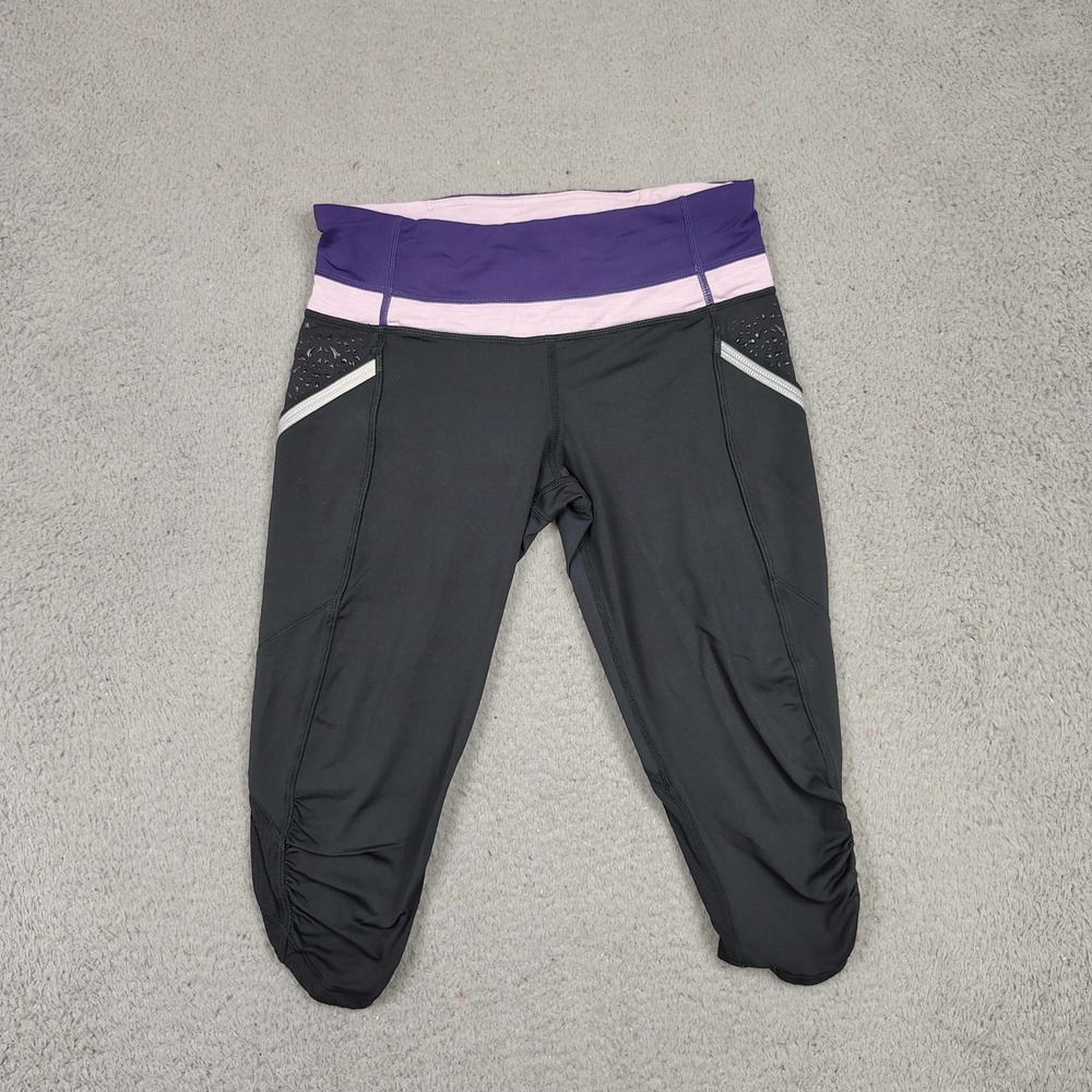 Lululemon Pants Womens‎ 6 Black Purple Running Crop Capri Reflective Ruched Mesh